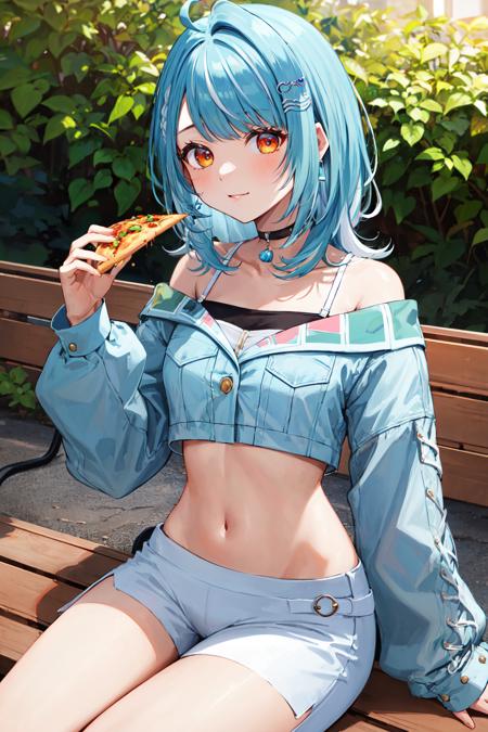 masterpiece, best quality, highres, aaramune, medium hair, multicolored hair, ahoge, briad, hair ornament, earrings, black choker, off shoulder, crop top, cropped jacket, blue jacket, long sleeves, midriff, single pantsleg, white pants, <lora:shiranami_ramune_v1:0.7>, sitting, bench, outdoors, eating, pizza,