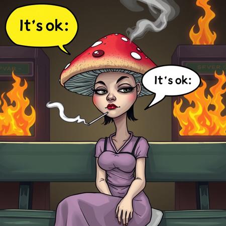 Mushroom woman with pokerface smoking on bench, speech bubble "It`s ok" against the backdrop of burning servers