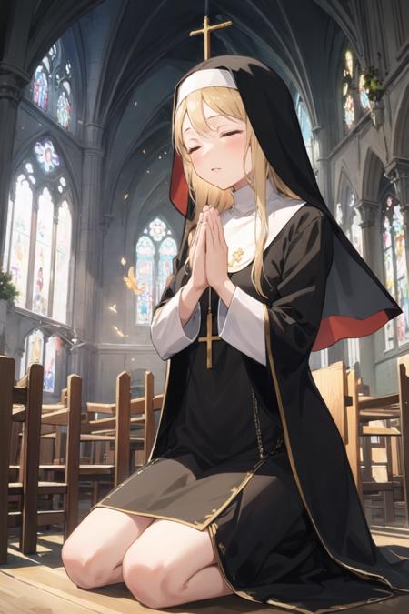 1girl, long hair, praying, nun, church, habit, perspective, closed eyes, (stained glass:0.5), seiza