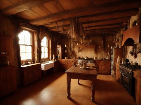 <lyco:witch house_v2.0:1> witch house, kitchen, sharp, amazing, bokeh, canon dslr, realistic, full room view