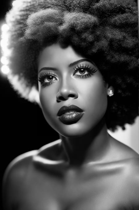 arafed B&W photo of Kelis (afro_hair, makeup, lipstick), ((headshot photograph)), laughing, promo image, by Eva Gonzalès, inspired by Myra Landau