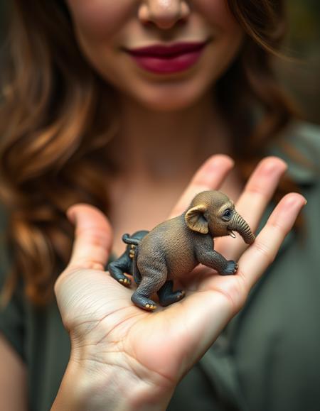 Image or a woman , she is holding miniature baby elephant and miniature baby gorilla on palm of her hand,  highly realistic
