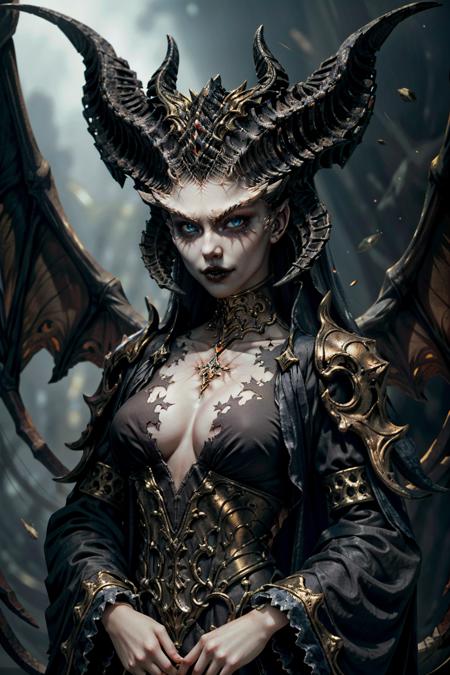 (masterpiece, best quality)
LilithDiablo,  1girl, solo, long hair, breasts, looking at viewer, blue eyes, black hair, dress, cleavage, jewelry, medium breasts, weapon, small breasts, wings, horns, teeth, sword, armor, black dress, lips, heterochromia, demon girl, black wings, demon wings, skull, center opening, black sclera, skeleton, demon
<lora:epi_noiseoffset2:1>,  <lora:add_detail:0.7>,   <lora:LilithDiablo:1>