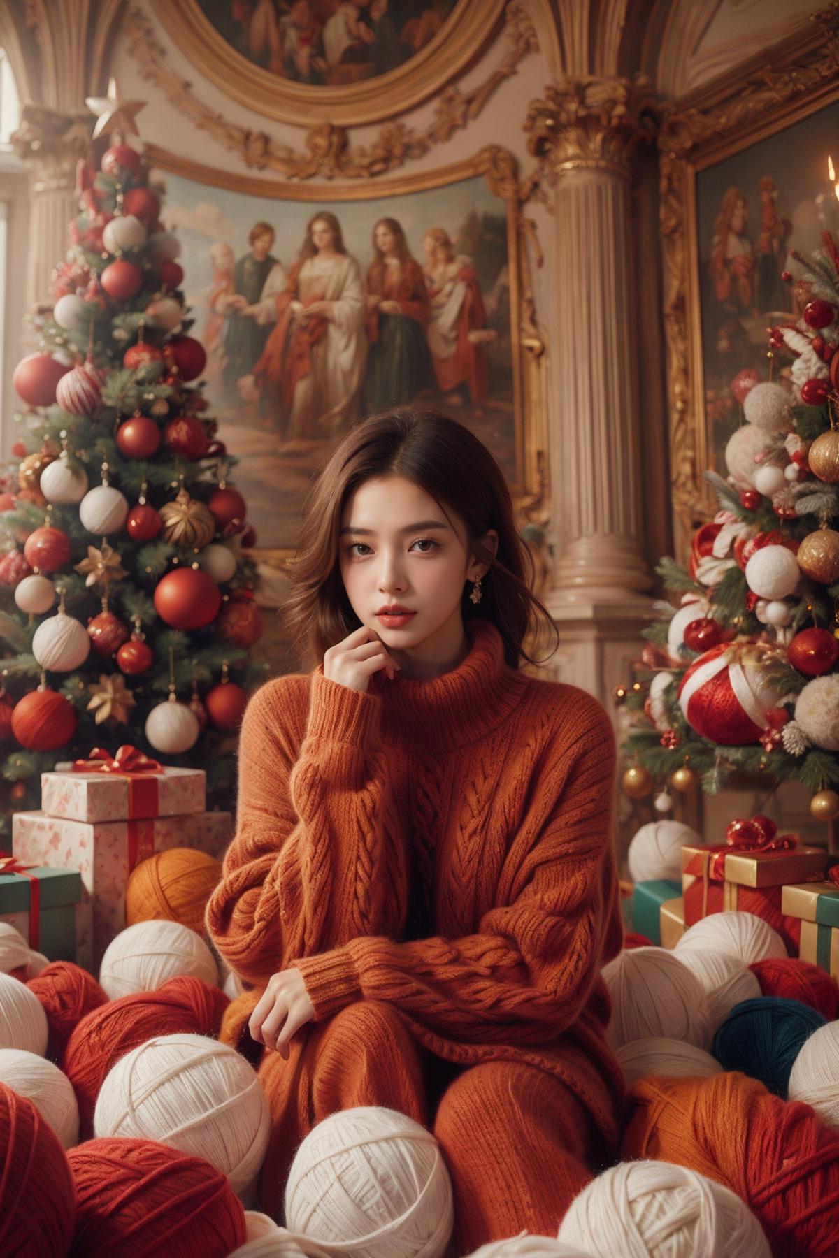 A Woman in an Orange Sweater Posing in Front of a Christmas Tree.