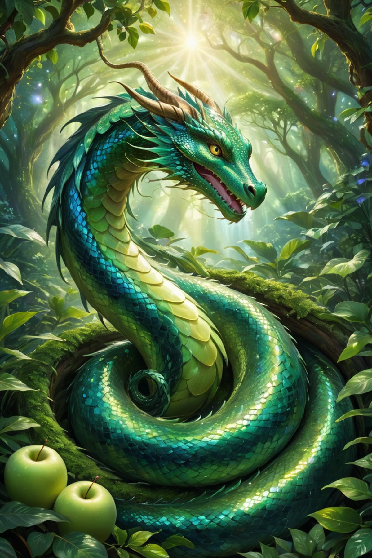 A blue dragon with a green apple in its mouth, surrounded by green plants and trees.