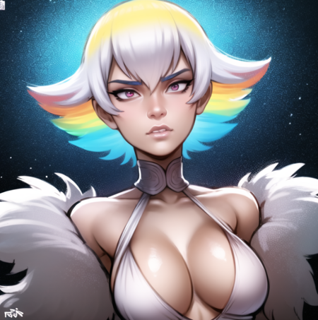 beautiful, masterpiece, best quality, extremely detailed face, perfect lighting, 1girl, solo, <lora:Andava:0.85>,  <lora:kiryuuinRagyouKillLa_1:1>, RagyouMS, dress, white dress, rainbow hair, fur trim, large breasts