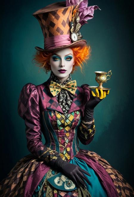A surreal portrait of a woman dressed as an elegant mad hatter, featuring elaborate makeup in vibrant, creative colors, wearing a detailed, vintage-inspired dress with gloves, with dramatic lighting and a dreamlike, painterly effect. Influences from Paolo Roversi and Natalie Shau create a surreal yet fashion-forward style, with hints of ecopunk aesthetics in the patterns and textures
