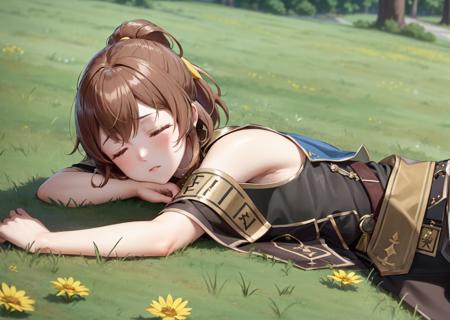 masterpiece, best quality, delthea, hair bow, brown cape, breastplate, tabard, brown dress, lying on ground, sleeping, closed eyes, grass, wildflowers <lora:delthea-nvwls-v4-000012:0.9>