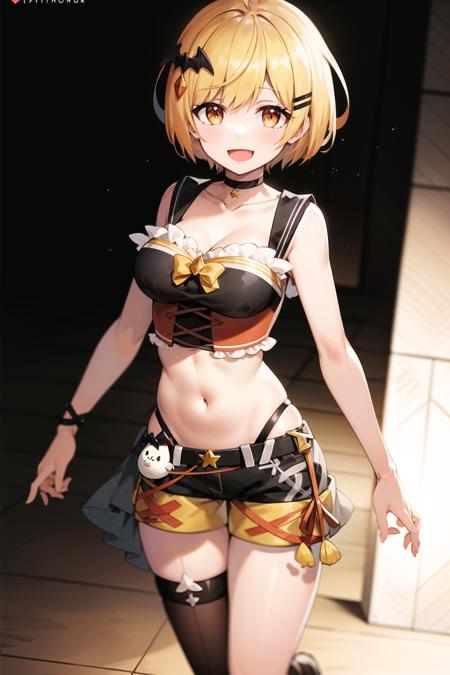 2d, masterpiece, best quality, anime, highly detailed face, highly detailed eyes, highly detailed background, perfect lighting, full body, 1girl, solo, yozora mel, vampire, bat hair ornament, hairclip, short hair, ahoge, revealing clothes, navel, bare shoulders, black crop top, short shorts, choker, frills, :d, standing, asymmetrical legwear <lora:yozoramel-20:1>