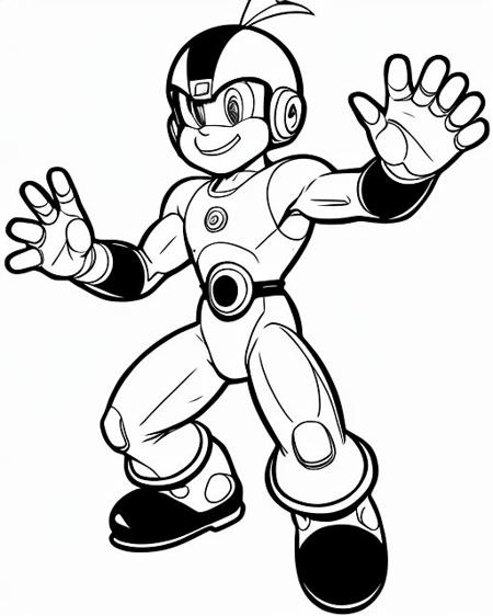 a clean line drawing of  Mega Man ,  (white background:1.3), b&w,  art by  coloring-book-style