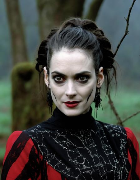 Horror-themed a (ohwx woman:1.3) with dark, spiky hair and pale skin. She is wearing a vibrant red dress with black dotted patterns and a matching red veil. In her arms, she holds a doll with similar dark hair and facial features. The backdrop features a gravestone engraved with the word "BEETLEJUICE" and the surrounding area is illuminated in eerie green light, with some gnarled trees and a dense, mossy growth. The overall ambiance of the image is spooky and otherworldly.  <lora:winona_lora_sdxl_v1-000009:1.1> . Eerie, unsettling, dark, spooky, suspenseful, grim, highly detailed