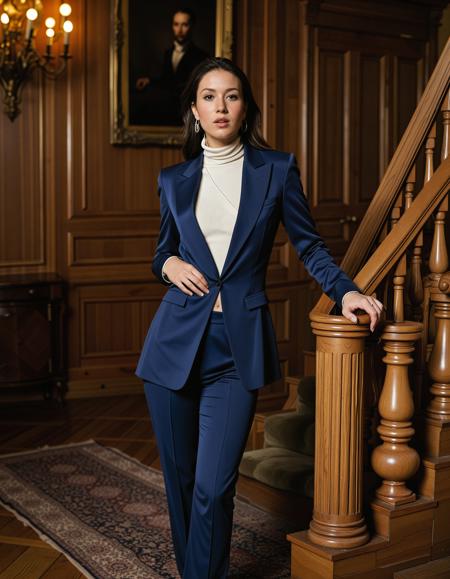 RAW full body analogue photo of a beautiful 25 years old woman, clear focus, high resolution image, (tuvan woman),  ,wearing A stylish fitted blazer with a single-button closure, layered over a soft cashmere turtleneck, paired with tailored wide-leg trousers, The blazer adds a polished touch, while the turtleneck provides warmth and comfort, making it perfect for the office or formal events, (coiled hair:1.3),,low light, soft natural light, Rembrandt style light, Hasselblad DLSR camera, 200mm Zeiss lens, f/2.8 ,Sexy pose, erotic pose, exhibitionism, ,A historic mansion with grand staircases and elegant furnishings