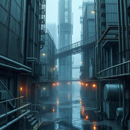 A liminal space in Amegakure, the Hidden Rain Village, exactly as seen in Naruto. Towering metal buildings rise into the misty sky, their surfaces slick with constant rainfall. The narrow streets are lined with pipes, walkways, and industrial structures, all soaked in a never-ending drizzle. Neon lights flicker faintly, reflecting in the puddles that cover the ground.
The village is completely empty—no people, no movement, only the sound of raindrops echoing through the deserted alleys. The metal bridges connecting the high-rise structures stretch into the distance, disappearing into the fog. The air is thick with humidity, and the usual bustling presence of shinobi is gone. The city feels suspended in time, its mechanical heart still beating, but with no one left to witness it. The rain continues to fall, endlessly, over a village lost in solitude.