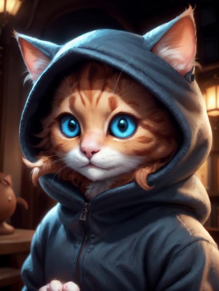 cat, hooded, clothed, ginger cat, blue eyes, portrait, night<lora:WarmCats:0.8>