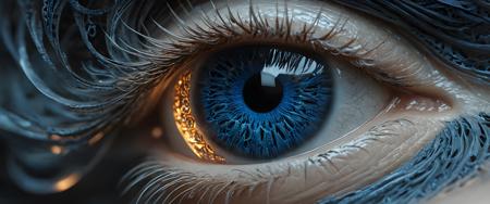 A close-up of an eye with filigrane intricate patterns and glowing lights. A blue spiral on its iris shines like fireflies, rendered in the style of Octane Renderer. hyper-realistic, cinematic 3D. (in the style of Adam Martinakis),