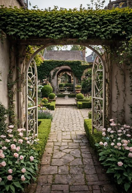 flower garden courtyard, beautiful scenery, cinematic nature photography