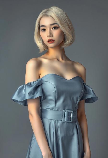 DLSR photograph, slender, beautiful  26 year old korean model . Pale skin, 
lighting<lora:MoriiMee_Gothic_Niji_Style_FLUX:0.3500000000000001> <lora:AsirAsianPhotographyflux:0.7000000000000002>
A young Asian woman, A captivating portrait of a young woman with striking platinum blonde hair, styled in a chic, slightly parted bob. Her pale complexion is enhanced by subtle, natural-looking makeup, highlighting her delicate features and full lips. She is elegantly dressed in an off-the-shoulder gown of a soft, muted blue hue. The dress features ruffled sleeves that cascade gently over her arms, a fitted bodice with a sweetheart neckline, and a wide, matching belt cinched at the waist with a rectangular buckle. The skirt of the dress flares out gracefully, adding to the sophisticated silhouette. The lighting is soft and even, casting a gentle glow on her face and the fabric of her attire, emphasizing the textures and folds. The background is a plain, neutral gray, ensuring full focus on the subject and her exquisite ensemble. The overall impression is one of serene beauty and refined elegance.<lora:hanbok-illustriousxl-lora-nochekaiser:1.5>, hanbok, korean clothes,