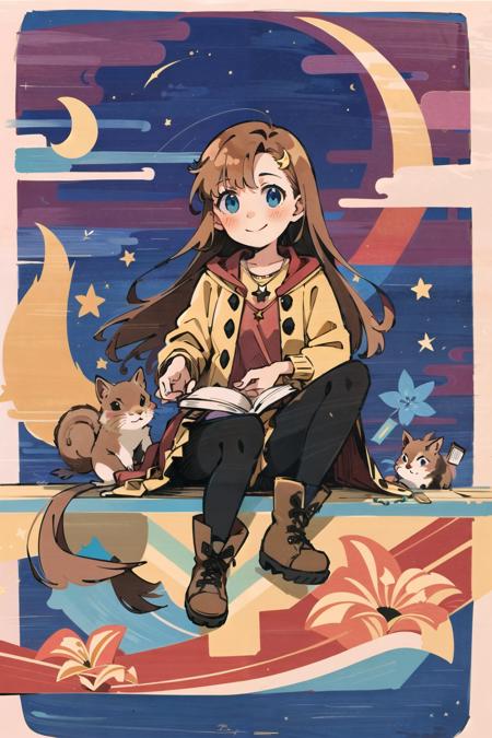 1girl, ((Madder Lake)), flower, blue eyes, long hair, star (symbol), pantyhose, solo, smile, squirrel, hair ornament, boots, brown hair, skirt, sitting, crescent moon, blush, book, rainbow, necklace, Otter