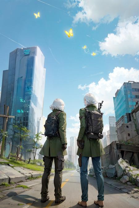 bug, butterfly, ruins, backpack, bag, building, sky, from behind, 1boy, blue butterfly, scenery, standing, cloud, gloves, city, post-apocalypse, gun, 2boys, pants, multiple boys, short hair, coat, 1girl, skyscraper, facing away, white hair <lora:ruinx:1>