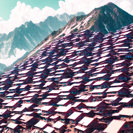 photo, mountain village with lots of houses on top of it (glitchslums style:1) <lora:djzGlitchSlumsV21:1>