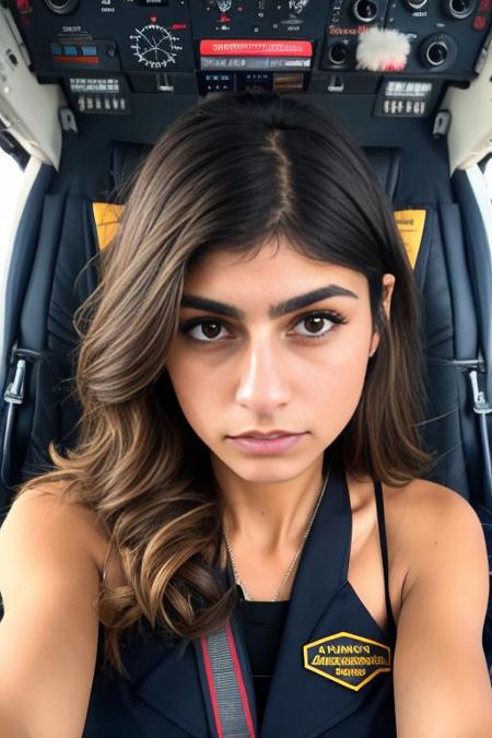 Best quality, portrait photo of beautiful woman Koh_MiaKhalifa as a pilot in a cockpit, (airplane cockpit), serious face, looking at viewer, perfect face, perfect eyes, (pilot uniform:1.1), sharp focus, volumetric lighting