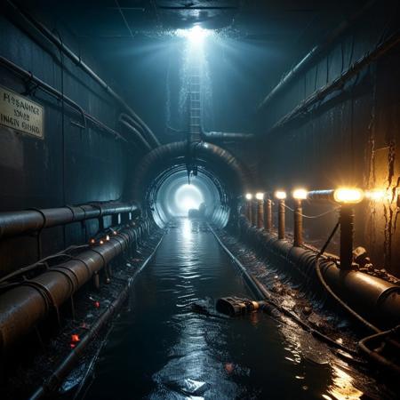 a flooded maintenance shaft with twisted rebar and collapsed piping, rats scurrying along ledges, flashlight beam cutting through the mist, floor water reflecting blinking hazard signs, distant metallic echo rising from below, tunnel, dark, reflection, dirty