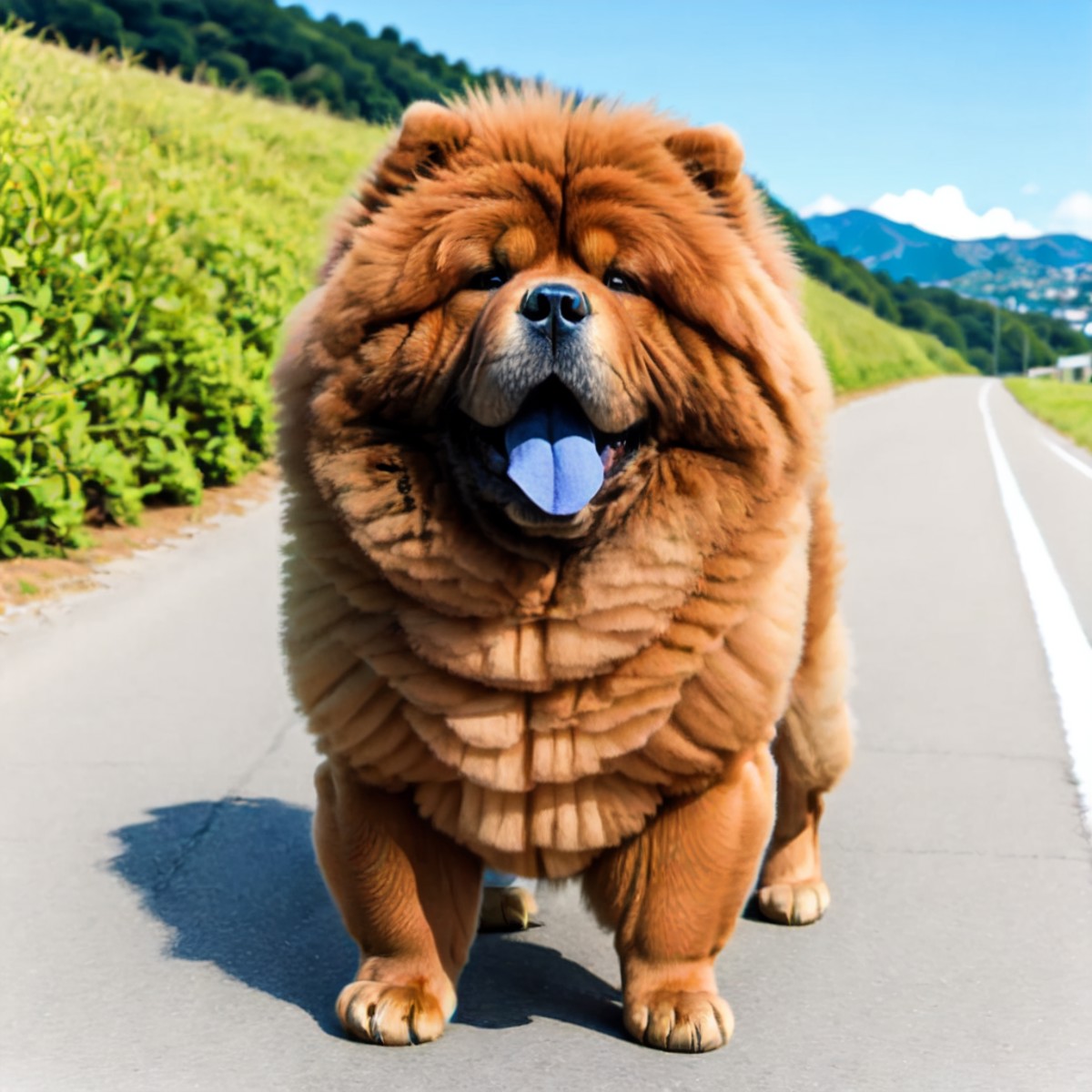 <lora:chowchow_v1:0.5>, dog, chowchow, blue tongue, full body, blue sky, road