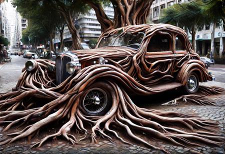 morph-treeroots , vintage car,polished chrome details,classic style design,in city,photography<lora:tree roots_0_100_V1-000008:1>