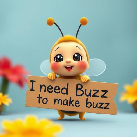 Cute baby bee a cardboard banner that reads: "I need Buzz to make buzz"