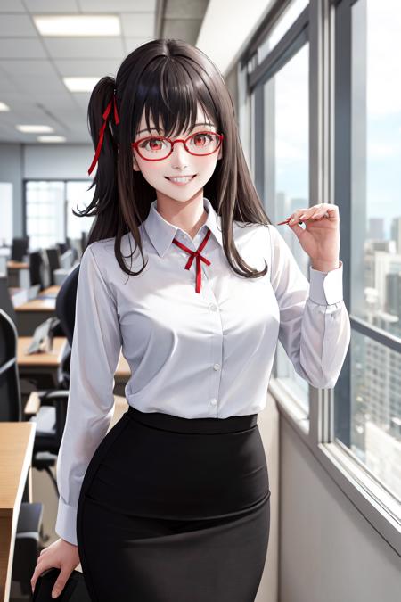 masterpiece, best quality, highres, 1girl red ribbon hair ribbon <lora:nagisa_natsunagi_no_outfit:1> white shirt, pencil skirt, glasses, office lady, smile