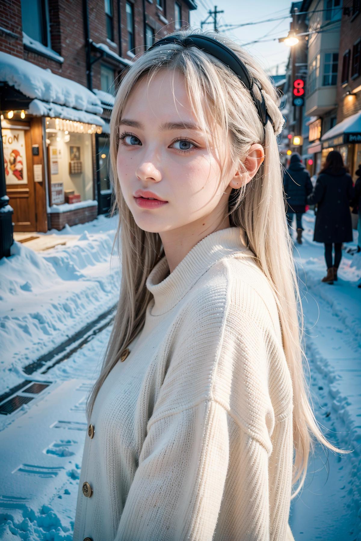 Blonde Woman with a Black Headband in Winter Snow.