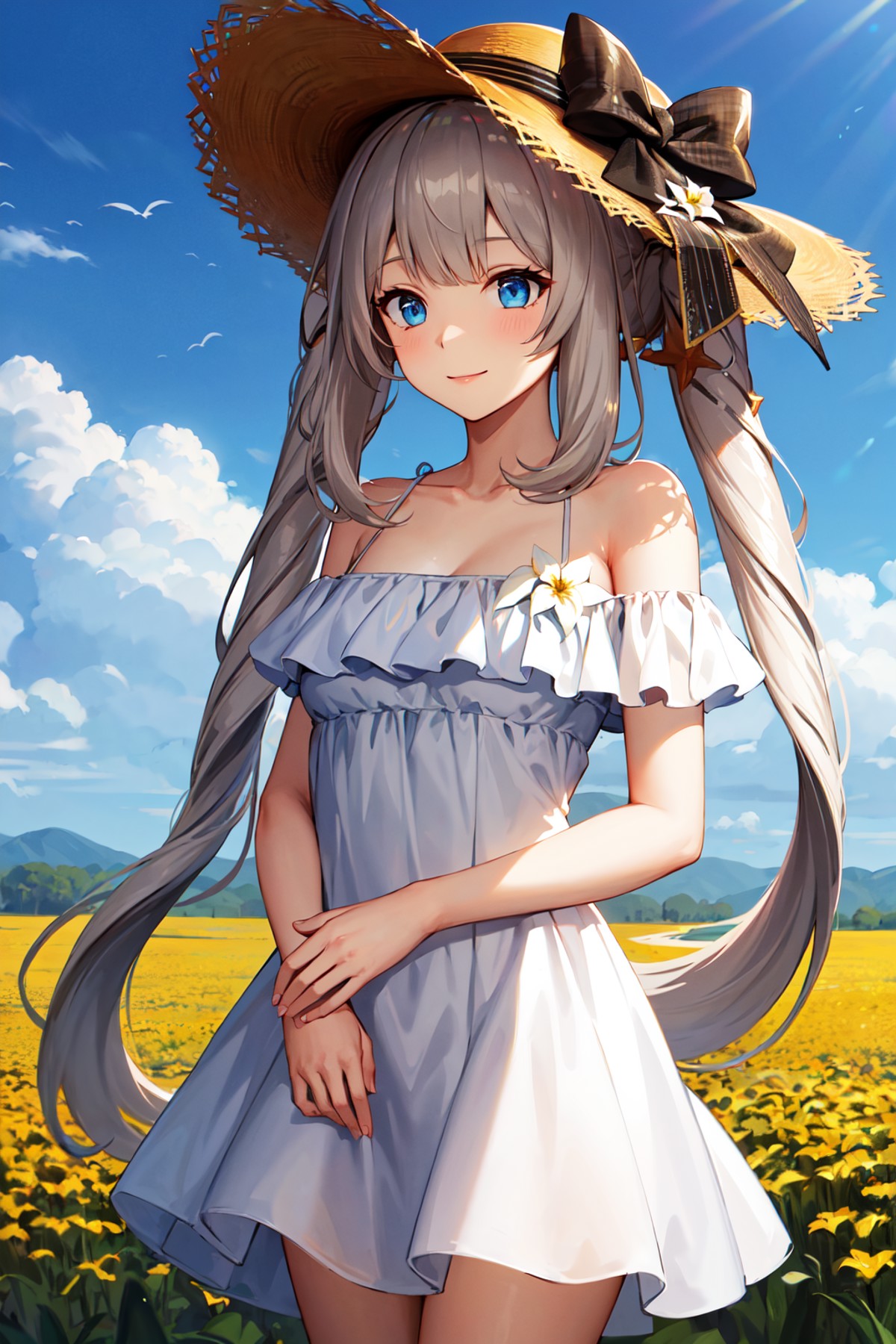 masterpiece, best quality, highres, aamarie, very long hair, twintails, hair ornament, sun hat, brown headwear, hat bow, w...