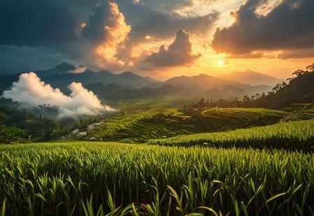 Landscape, 64k, UHD, ((masterpiece, ultimate quality)), sharp focus, beautiful scenery, highres, highly detailed, photo, realistic, photorealistic, Asian rice plantation, double exposure, realistic, whimsical, fantastic, intricate detailed, hyperdetailed, maximalist style, sharp focus, harmony, serenity, tranquility, surrounding clouds, mysterious glow, ambient occlusion, halation, cozy ambient lighting, dynamic lighting,masterpiece, masterpiece, award winning, midjourneyv6.1,double exposure , flux-style