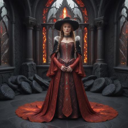 Lava Style, nbn-freyja, (Lava Style background:2), indoors, standing, 1woman, solo, long hair, black choker, eyeliner, gorgeous lips, covered breasts, cinematic, best quality, ultra-detailed, very aesthetic, (natural eyes:1.4), freckles, aloof, (masterpiece:1.1), small waist, fitness body, wide hips, 32 years old, golden blond hair, censored, (big stained glass windows:1.4), (Lava Style Victorian dress:1.6), (red ruby clothes:1.6), high end closure, Evil Queen, cinemascope, moody, epic, gorgeous, film grain, natural hands, red elbow gloves, knee boots, dramatic, ritual magic, freyja, auburn hair, braided hair, magic, forest, Viking queen, mythic beauty, feathered cloak, fur, armor, robe, braid, rune jewelry, photorealistic, cinematic, flowers, jewelry, photorealism, cinematic lighting, high fantasy, mythic portraiture, soft background, northern folklore aesthetic, (fully dressed:2), (RAW photo), 4K, best quality, realistic, photorealistic, masterpiece, extremely detailed, an extremely delicate and beautiful, dynamic, realistic anatomy, candle lighting, perfect shading, professional shading, depth of field,  perfect skin, gentle, highly detailed, breathtaking, clear skin, (Lava Style clothes:2.6), 1girl, solo, braid, long hair, wide sleeves, hat, outdoors, hair over shoulder, brown hair, single braid, sash, brown eyes, long sleeves.