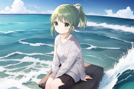 masterpiece, best quality, 1girl, upper body, sitting, swept bangs, medium hair, ponytail, green hair, sweater, fluffy, outdoors, horizon, sky, ocean, water, water world, waves, ripples, , <lora:moeplus32:0.9>