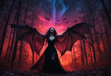 masterpiece, high quality, abstract, angelic woman, wings, screaming, vampire lady, elegant vampire clothes, centered, side view, black silhouette of a girl, (long flowy hair), flowy skirt, red bloody forest background, ((dynamic pose)), night time, dark theme, starry sky, glowing hair, cinematic, vivid colors, ((saturated neon colors)), perfect hands, anzhcdreamwave, aesthetic, Perfect Hands, aurora borealis, ((glowing halloween pumpkins)), ((bats))
