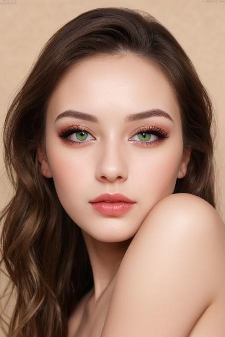 (closed mouth:1.3),An image of a poised young woman with fair skin and warm undertones. Her facial features are defined by expertly applied makeup, with full lips and large hazel eyes highlighted with eyeliner and mascara. Her eyebrows are neatly shaped, adding to her expressive gaze. Her chestnut hair falls in loose waves. She wears a black shirt with a bold red paint splatter pattern, lending an artistic vibe to her look. A gold cuff bracelet adorns her wrist, complementing her shirt. The ambiance reflects a blend of casual elegance and a modern artistic touch.A beautiful cute girl's face, perfect facial ratios, perfect facial features, chubby full cheeks, blush on cheeks, red flush on cheeks, all attention given to the face, emphasizes on the cute cheeks, Soft and smooth skin texture, shiny skin, flawless complexion, shiny green eyes, eyelashes, natural eyebrows, rosy lips, cute small nose, cute face shape,natural lighting, gentle shadows, detailed hair strands, silky hair, hair on the sides framing the face, glossy highlights on the hair, rich and vibrant colors, vibrant and warm background, complementary colors to enhance the girl's features, captivating expression, engaging eyes, intricate details on eyelids and lashes, flawless complexion, Life-like textures, minute details, every aspect of the face made clear and visible, picture fills the canvas, (shiny skin),beautiful eyes, perfect eyes ,