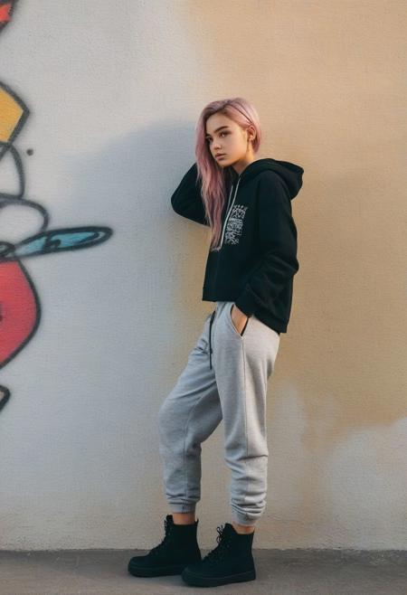 fashion photography, side view, golden hour lighting,
pale 20yo woman leaning on wall, looking into the distance, standing, one one leg drawn, wearing loose pants and loose cropped hoodie, wearing boots, layered muted colorful hair, midriff, graffiti,TWbabeXL01