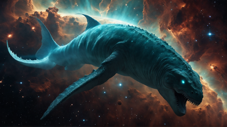 A massive celestial leviathan swimming through a nebula, its glowing translucent body shimmering with cosmic energy, stars trapped within its ethereal form.