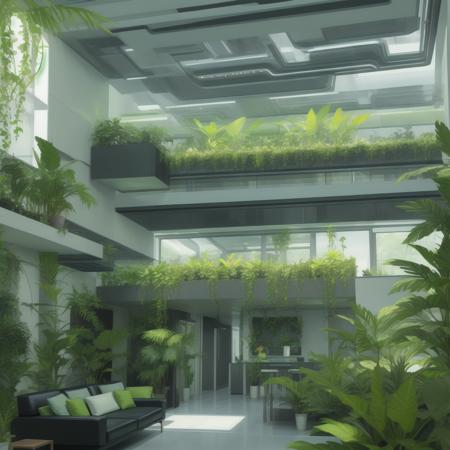 green living room with some plants, futuristic