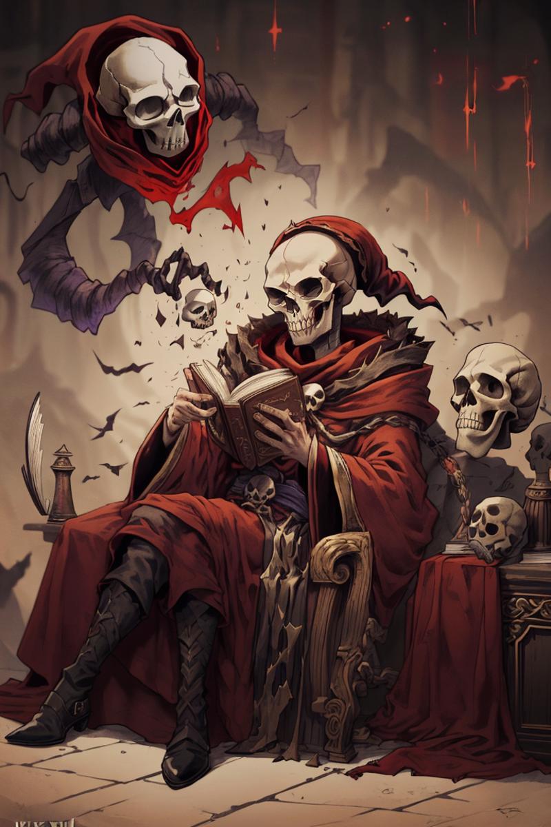 A skeleton dressed in robes is reading a book, surrounded by skulls.