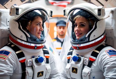 Astro-Brides, The first wedding in space, two women get married in spacesuits, a non-religious space commander officiates the wedding the two women have wedding veils on the outside of their spacesuits,