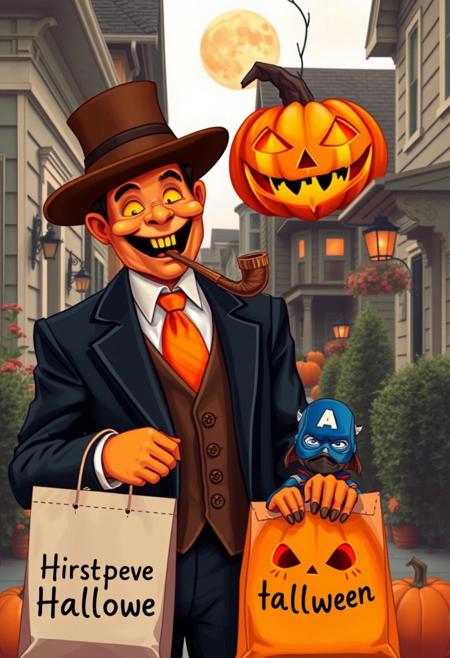 Halloween time, common streets, beautiful houses, jackolantern happy, gentle smile, elegant suit, orange tie, smoking a pipe, a small jackolantern with a captain america costume, trick or treat, a paper bag with the text "halloween" handwrite