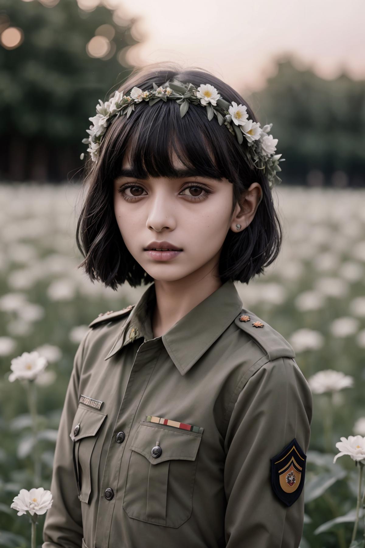 A young girl wearing a green uniform and a white flower crown.