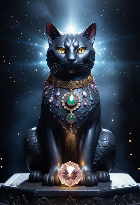 score_9, score_8_up, score_8, dark, black background,  holy cat statue in the center, looking at the viewer, sparkles around, gems, glow, mist, insane details, intricate details, hyperdetailed, low contrast, soft cinematic light, dim colors, exposure blend
