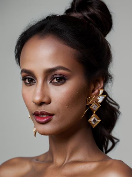 Realistic photo of a beautiful 1m4n woman, 1girl,solo,bare shoulders,brown eyes,jewelry,earrings,dark skin,mole,dark-skinned female,lips,mole under eye,makeup,lipstick,realistic,soft lighting, professional Photography, Photorealistic, detailed, RAW, analog, sharp focus, 8k, HD, high quality, masterpiece<lora:1m4n:1.0>