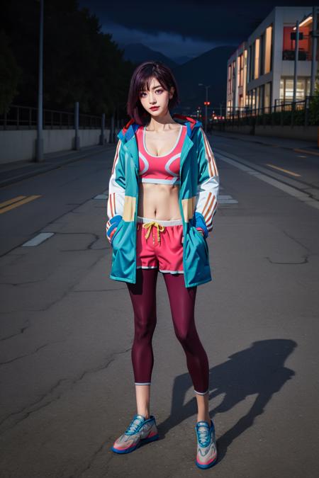 masterpiece, best quality, MShizukaV4, 1girl, solo, looking at viewer, slight smile, sitting, hair ornament, long sleeves, navel, cleavage, closed mouth, collarbone, jacket, open clothes, shoes, sneakers, shorts, hairclip, midriff, crop top, multicolored clothes, sports bra, dark purple leggings, legwear under shorts, pink shorts, outdoors, ((hands in pockets)), ((mountain)), ((night)), starry sky, sky, from side, portrait, <lora:MShizukaV4-10:1>