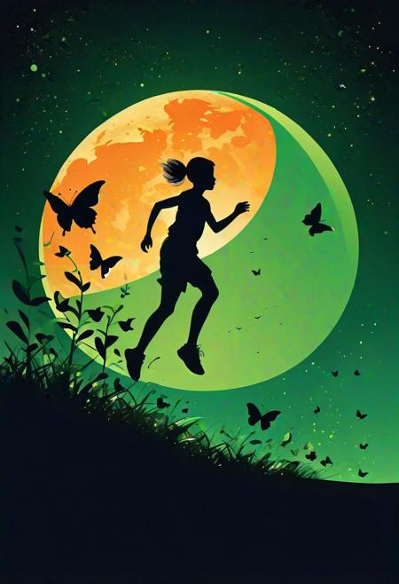 Vector illustration, (Noir silhouette art style:1.3), Vibrant green and orange color theme, (Sweeping light in the shape of a flower:1.2), Butterflies in flight, (Luminous crescent moon:1.2), Distant kids running, (Geometric shapes:1.2), Dramatic composition, Emphasized shadows, (Intriguing narrative:1.2).