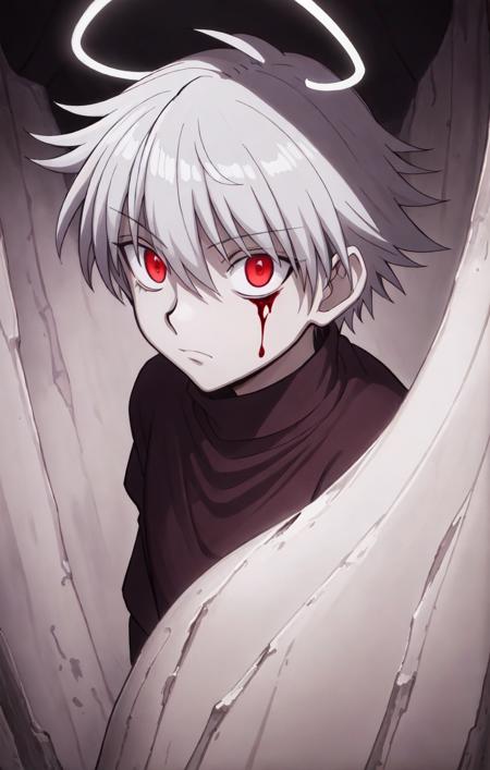 ((masterpiece, best quality)), (1boy), silver hair, dark clothes, in (dark cave) background, dim lighting, glowing orb, reflective light. solo, detailed wallpaper, vertical orientation, halo, stalactites and stalagmites, ink painting, glowing red eyes, floating blood, ink, hxh2011 <lora:hxh2011:0.55>,