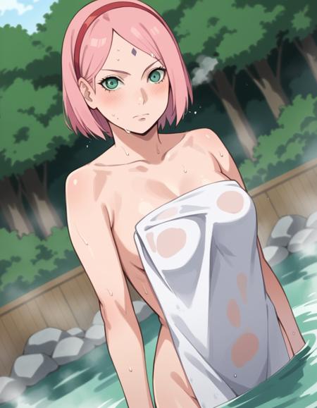 sakura haruno, short hair, green eyes, pink hair, hairband, facial mark, forehead mark, red hairband, navel, bare shoulders, jewelry, sleeveless, pants, bracelet, dress, red dress,